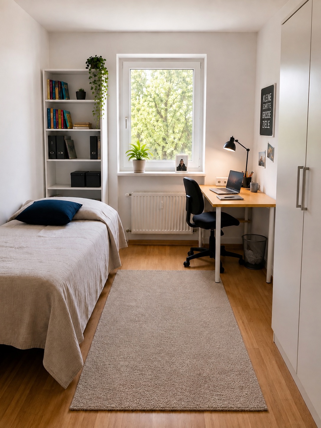 Dasselbe Studentenzimmer aufgeräumt: Bett gemacht, Schreibtisch frei, Wäsche verstaut
