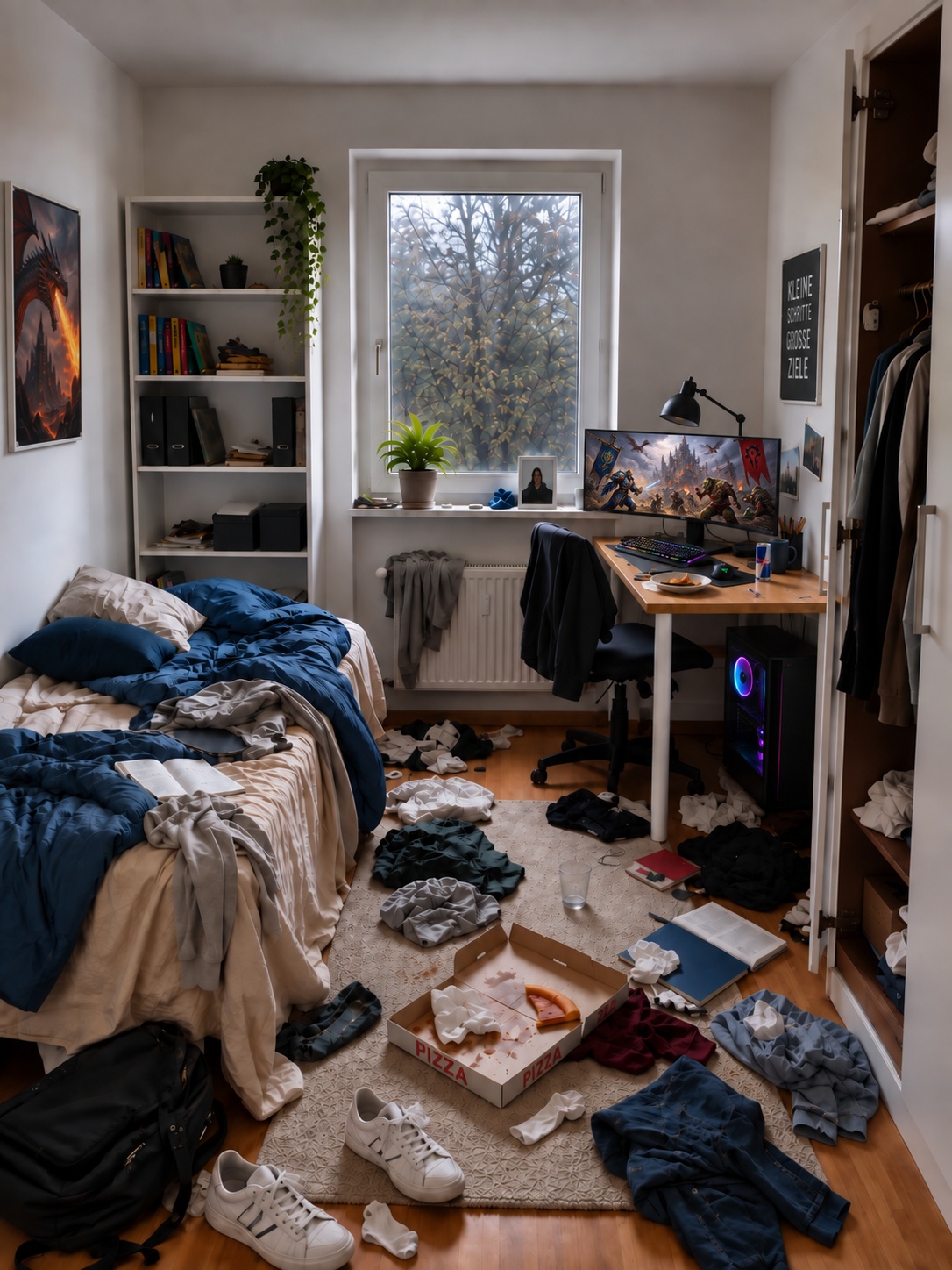 Studentenzimmer im Chaos: Wäsche auf dem Boden, voller Schreibtisch, unordentliches Bett
